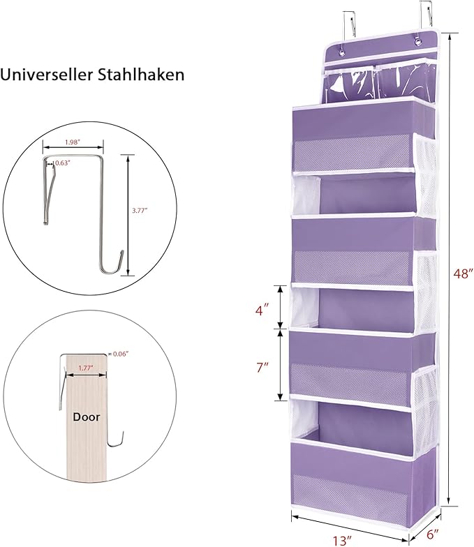 Univivi Over Door Hanging Organizers and Storage Nursery Closet Cabinet Baby Storage with 4 Large Compartments 2 Small PVC Pockets with 6 Side Pockets for Cosmetics, Toys and Sundries (Purple)