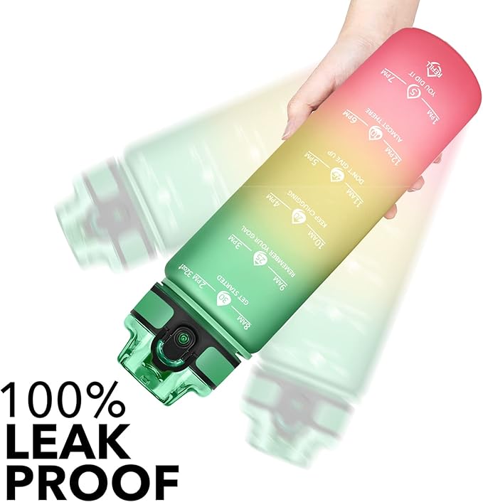 GOSWAG 32oz Motivational Water Bottles with Time Marker and Fruit Strainer, Sports Water Bottle with Times to Drink, Leakproof, Reusable Plastic Bottle with Strap no Straw for Gym, School
