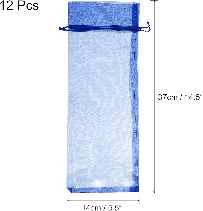 uxcell Organza Wine Bags, 12PCS 14.5 x 5.5 In Dark Blue Sheer Mesh Organza Wine Wrapping Bags With Drawstring Wine Gift Pouches for Bottle Birthday, Wedding Party