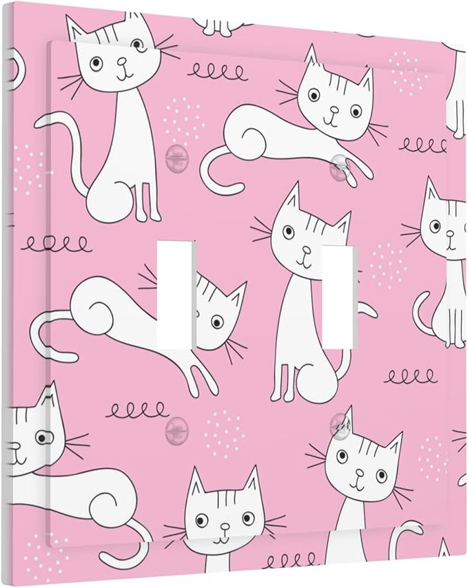 Cartoon Cute Cat Double Toggle Light Switch Covers 2 Gang Wall Plate Dual Decorative Switchplate Electrical Faceplate for Bathroom Country Kitchen Bedroom Decor, 4.9" x 5"