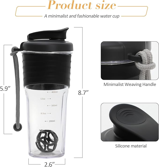 Shaker Bottle for Protein Mixes，24 oz，Protein Shaker Bottles with Whisk Ball, Mixer Bottle, Protein Bottle,Portable Pre Workout Whey Protein Drink Shaker Cup，Black