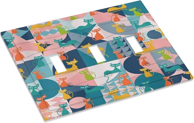 Mid Century Modern Atomic Cute Cats 3 Gang Light Switch Covers Triple Toggle Wall Plate Decorative Switchplate Electrical Faceplate for Kidroom Nursery Bedroom Decor