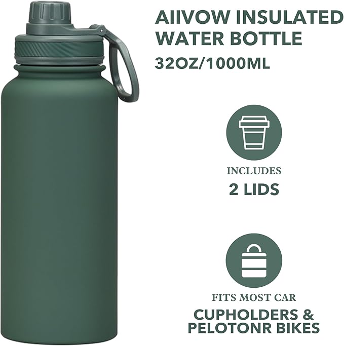 Dark Green 32 OZ Insulated Water Bottle, Forest Green Large Metal Insulated Stainless Steel Water Flask, Big Sports Travel Water Bottle with 2 Lids, Insulated Thermos Thermal Mug Cup