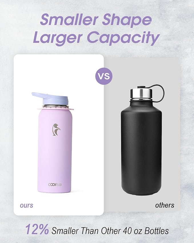 Coolflask Water Bottle with Straw, 40 oz Insulated Metal Water Flask with Straw & Spout Lids, Stainless Steel Double Wall Vacuum, Keep Cold 48h Hot 24h, Leak Proof & Non-BPA, Lavender
