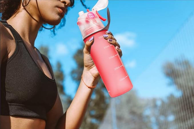 Misting Water Bottle, Spray Mist Sports Bottle for Outdoor Sport Hydration and Cooling Down, BPA-Free Misting Water Bottle with Unique Mist Lock Design (Pink-20oz)