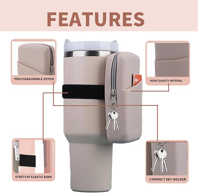 Water Bottle Pouch for Stanley Quencher Adventure 40oz & Stanley IceFlow 20oz 30oz, Silicone Design Tumbler Pouch for Phone, Card, Keys, Earphone (Khaki)