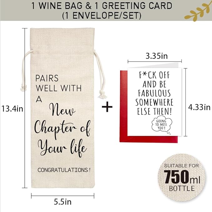 YAANUNULU New Beginning New Job Gifts, New Chapter Of Your Life Wine Bag, Going Away Gift for Friends, New Business Owner Gifts, 1 Wine Bag with 1 Coworker Leaving Card