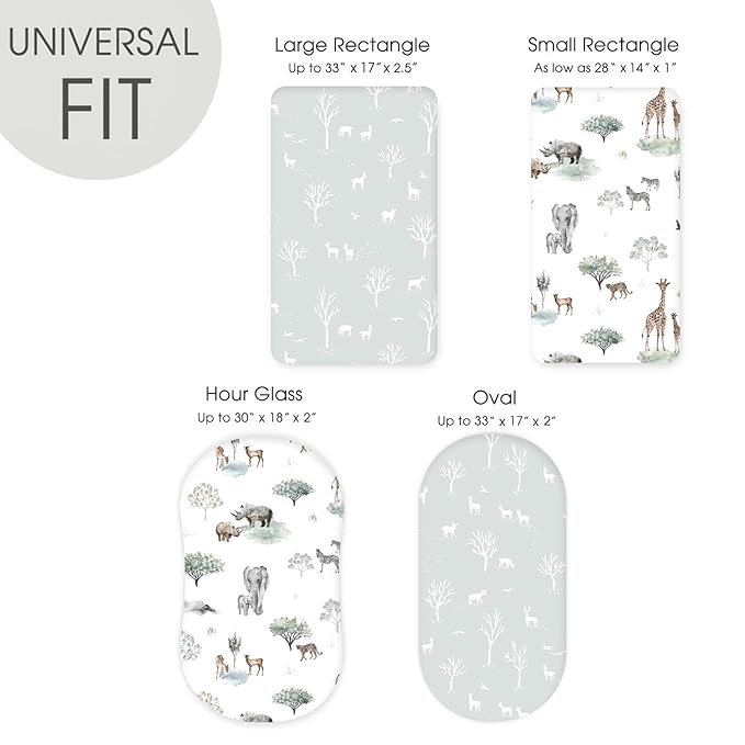 Stretch Ultra Soft Fitted Bassinet Sheet Set 2 Pack, Universal Fit for Bassinets Baby Cradle Moses Basket Oval Rectangle Mattress Safe and Snug, Pretty African Savannah Animals Pattern
