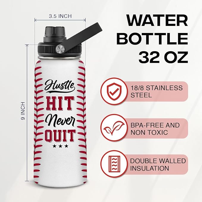 SANDJEST Baseball Water Bottle 32oz Hustle Hit Never Quit Stainless Steel Insulated Bottles for Men Women Sports Lovers Baseball Fan Players Coach Baseball Gifts for Birthday Christmas