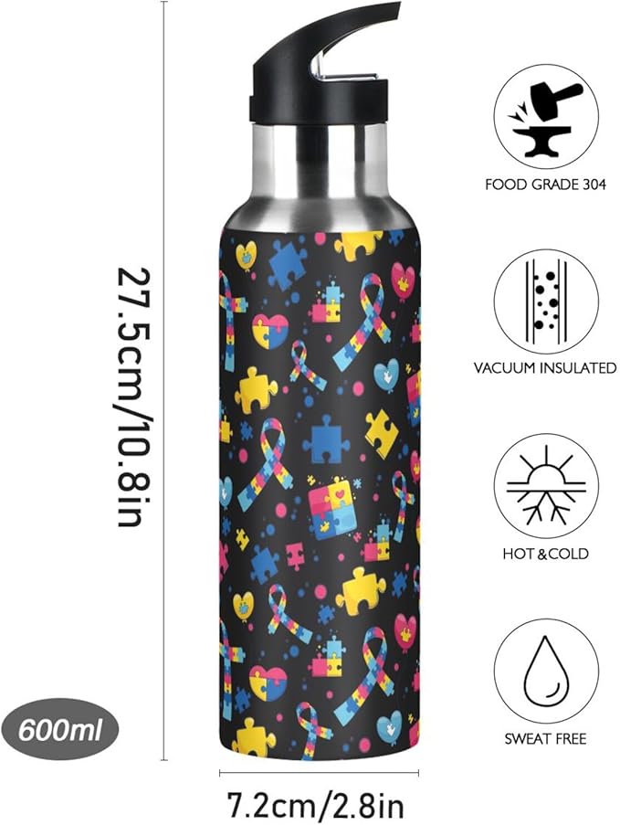 Autism Stainless Steel Water Bottle with Straw Lid - 20 Oz Sports Insulated Water Bottle Thermos for Sport Gym Outdoor Travel School (07-B14)