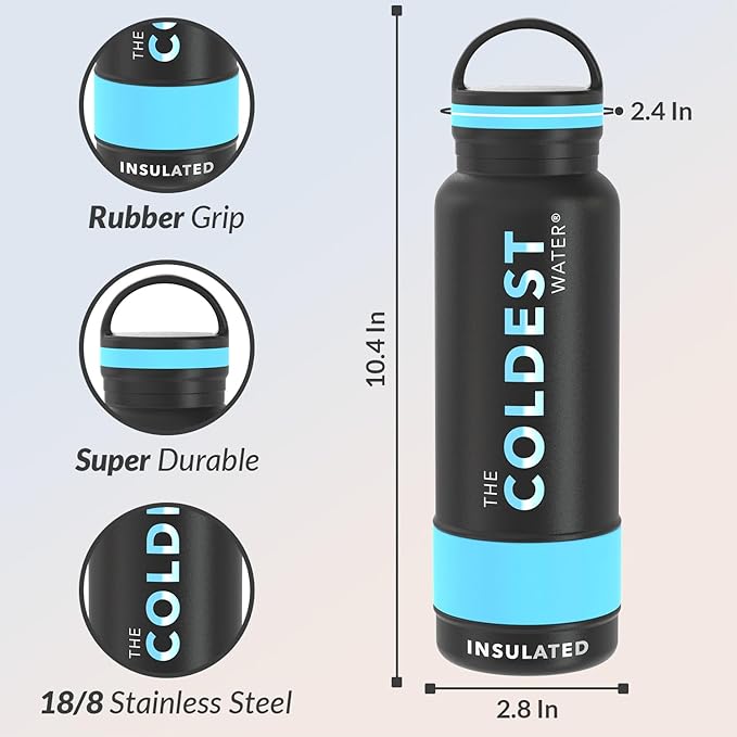 Coldest Insulated Water Bottle with Handle Lid | Leak Proof, Insulated Stainless Steel, Triple Walled, Sport Thermos Bottles, Metal Flask (‎Matte Black, 21 oz)