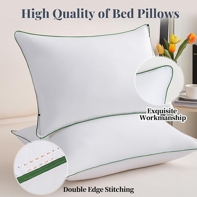 Hotel-Quality Bedding Bed Pillows for Sleeping - Queen Size Set of 2, 100% Breathable Cotton Cover Soft Supportive Fluffy Pillows 2 Pack Full size20*28（Green）
