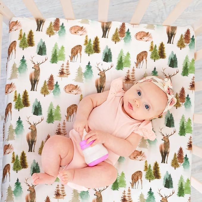 4 Pack Woodland Forest Animals Wood Neutral Unisex Fitted Baby Crib Sheets Set for Baby Boys or Girls (Cartoon Fox, 52 * 28)