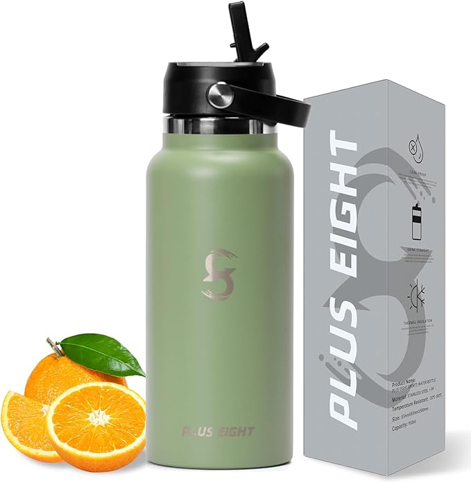 Sports Water Bottle, 32 oz Insulated Water Bottle With Straw, Stainless Steel Water Bottle Wide Mouth for Sports, Gym or Office, BPA-Free Keep Cold 24H Hot 12H (Agave)