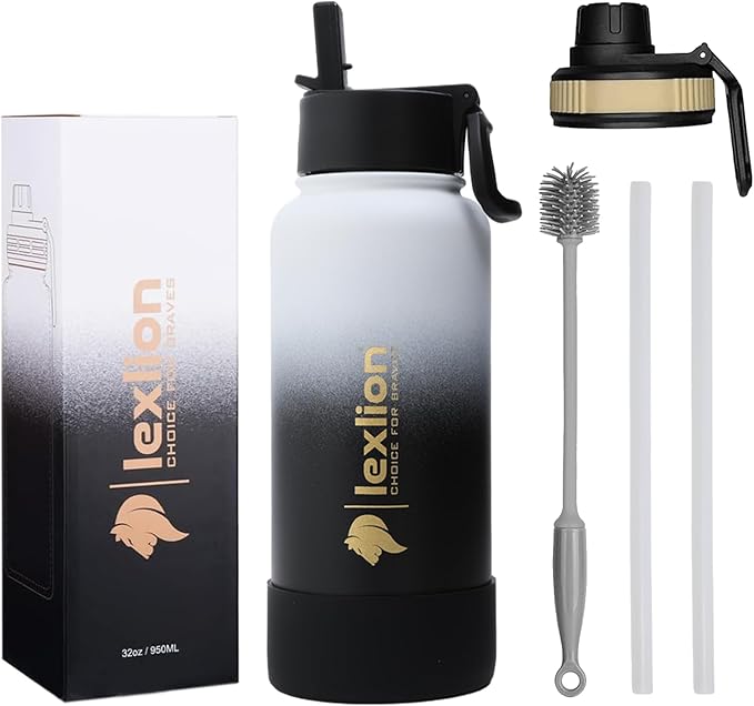Water Bottle 32oz, Triple Walled Insulated Stainless Steel Reusable Bottle, Silicone Sleeve, Cleaning Brush, 2 Lids (Spout lid & Straw lid w/2 straw), Metal Mug Gallon, BPA Free, Day&Night
