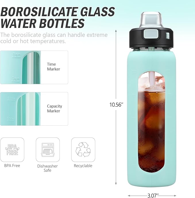 Kodrine Water Bottle With Straw and Carry Handle, Glass Water Bottle 24 oz Leak Proof Locking Lid with Soft Silicone Spout, Small Clear Water Bottle, Travel Sports Water Jug, Time Marker, Light Blue