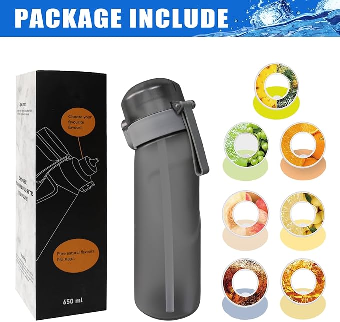 Water Bottle with Flavor Pods 21.9 Oz/650ml Fruit Fragrance Water Bottle Recyclable Sports Air Water Cup Scented Pods for Outdoor (Grey)