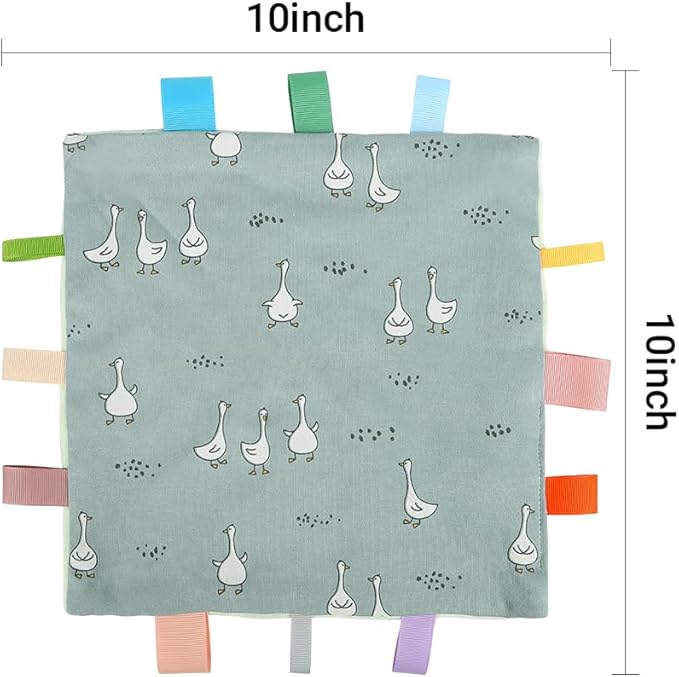 Baby Tags Security Blanket, Sensory Soothing Blanket with Tags,Dotted Backing Taggies Blanket for 3-12 Months Boys and Girls. (Duck)