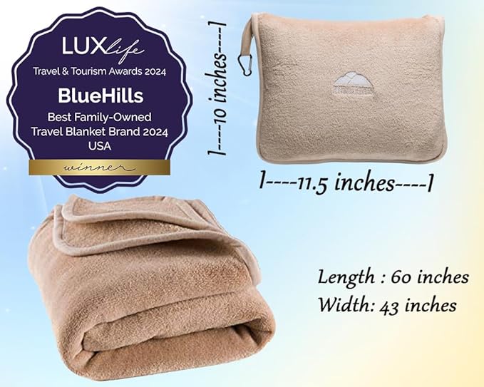 BlueHills Premium Soft Travel Blanket Pillow Airplane Blanket Packed in Soft Bag Pillowcase with Hand Luggage Belt and Backpack Clip, Compact Pack Large Blanket for Any Travel (Beige T005)