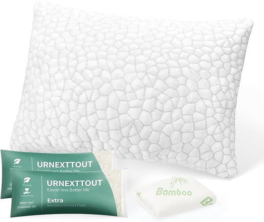 Shredded Memory Foam Pillows for Sleeping Cooling Pillows for Side Sleeper Support Adjustable Bed Pillow with 2 Extra Fill Standard Pillow