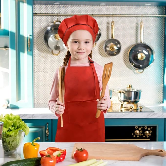SUNLAND Kids Apron and Hat Set Children Chef Apron for Cooking Baking Painting