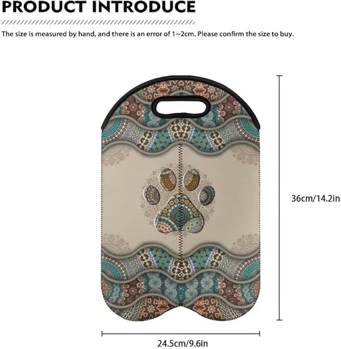doginthehole 2 Bottle Wine Carrier Travel Bag Boho Dog Paw Print Thick Insulated Neoprene Wine Tote Portable Champagne/Water Bottle/Beer/Drinks Carrying Bag for Travel, Picnic, Party