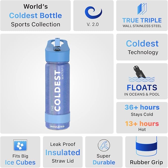 Coldest Sports Water Bottle - Straw Lid Bottle with Handle Leak Proof, Vacuum Insulated Stainless Steel, Double Walled, Thermo Mug, Metal | Galactic 18 oz