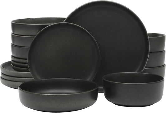 Gibson Elite Pasco 16 Piece (Service for 4) Plates and Bowls Double Bowl Reactive Glaze Dishes Stoneware Ceramic Dinnerware Set - Black