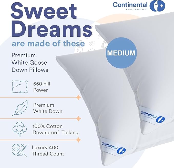 Continental Bedding Medium Standard Pack of 1 100% White Down Pillows 20oz 550FP Hotel Down Pillows for Supporting Back Side and Stomach Sleepers