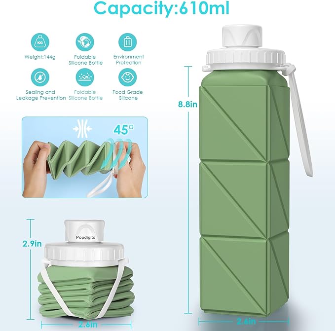 Collapsible Water Bottles 20.7oz Leakproof with Straw Lid Food-Grade BPA-Free Silicone Travel Foldable Water Bottles for Sports Office Gym Hiking Driving 610ML (Light Purple+Army Green)