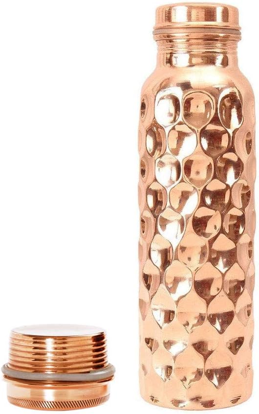 Diamond Cut Copper Water Bottle - Leak Proof Ayurvedic Drinkware Copper Vessel for Sports, Gym, Outdoors, Yoga (30 oz)