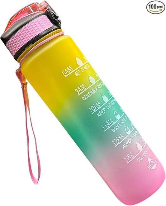 Yaa Fresh Water Bottles, 32oz Motivational Sports Water Bottle with Time Marker-Times to Drink-Tritan, BPA Free, Leakproof water bottle (1 Pack) (Pink-Green-Yellow)