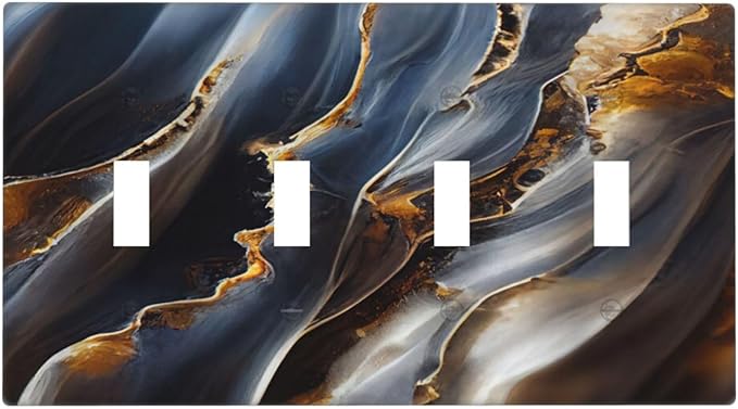 Gradient Abstract Ripple Blue Gold Marble Printed Quad Toggle Light Switch Covers 4 Gang Wall Plate Decorative Switchplate Electrical Faceplate for Kitchen Bathroom Bedroom Decor