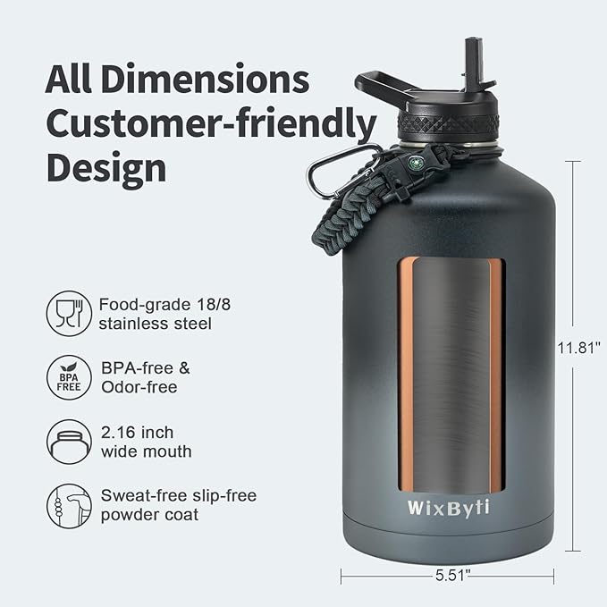 One Gallon Water Bottle Insulated with DIY Stickers, Triple Wall Vacuum Cold for 48 Hrs Leak-proof Non-BPA, 128oz Large Sports Stainless Steel Water Jug with Paracord Handle Straw Spout Lids