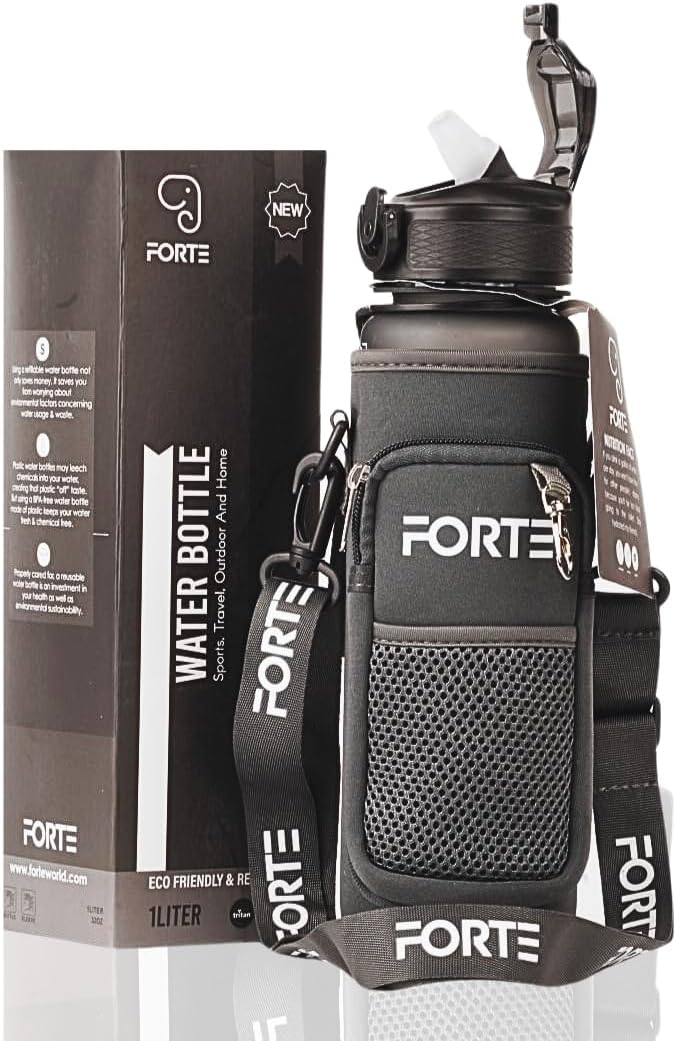 FORTE Plastic Water Bottle with Sleeve - BPA-Free Water Jug with Leak Proof Lid and Straw - Perfect for Gym, Office, and Everyday Use (Grey)
