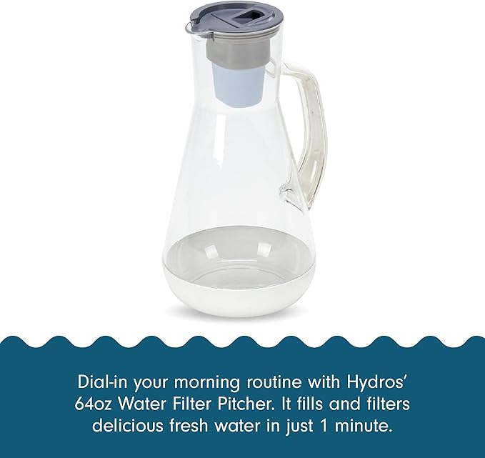 Hydros 64 Ounce Water Filter Pitcher with Patented Fast Flo Tech, 60 Second Quick Fill-Up and BPA-Free Recyclable Filter, Eight Cup Capacity, White