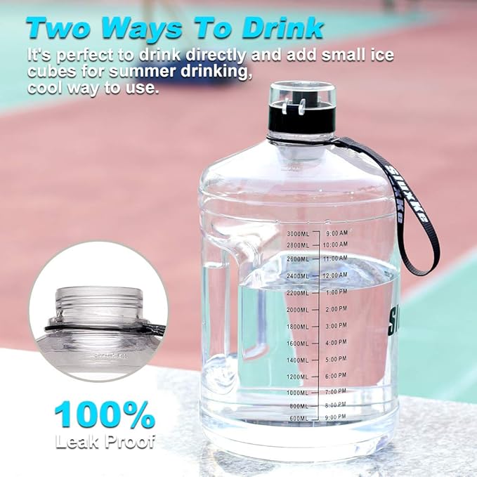 Gallon Big Water Bottle with Handle, 128oz Leakproof BPA Free Fitness Sports Water Bottle with Motivational Time Marker & Wide Mouth Ensure You Drink More Water