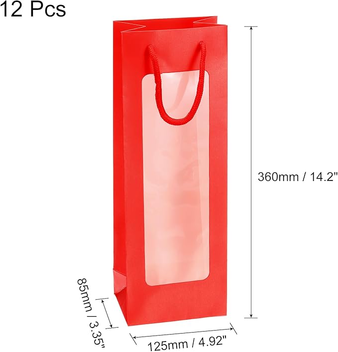 uxcell Wine Bags, 12pcs 4.92"x3.35"x14.2" Wine Gift Bags with Rope Handles, Paper Wine Tote Bag with Clear Window for Wedding Birthday Christmas Party Supplies, Red
