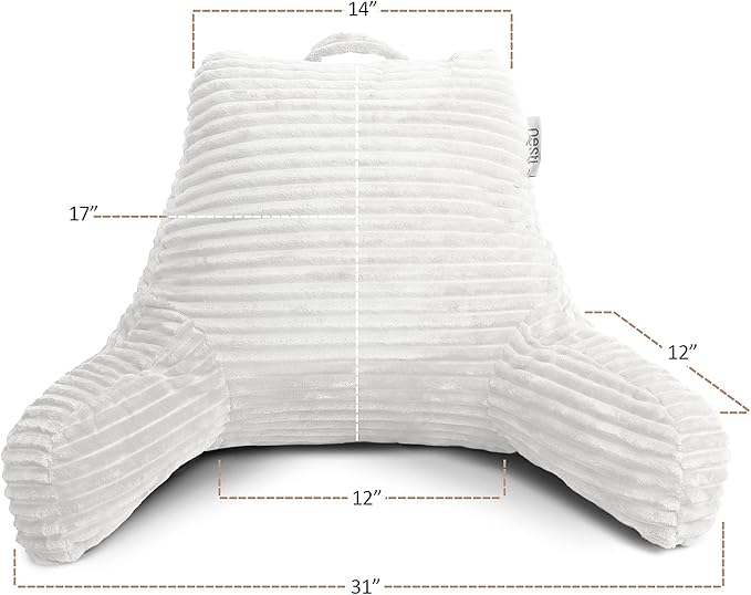 Nestl Reading Pillow with Portable Lap Desk Stand for Laptop 22x14”, Cut Plush Striped Back Pillow, Back Support Pillow, Shredded Memory Foam Bed Rest Pillow with Arms for Kids & Teens, Medium - White