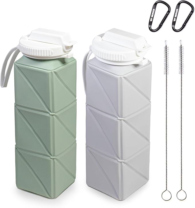 Collapsible Water Bottle, Silicone Foldable Water Bottles For Travel, Easy-To-Carry Design And Compact Size, BPA Free, 20 oz (2-Pack, Green & Gray (Cuboid))