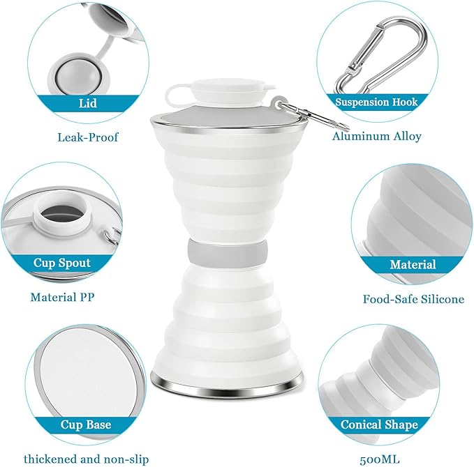 jessie Collapsible Water Bottles 17 oz Silicone Foldable Water Bottles Portable Travel Water Bottle with Buckle for Camping Hiking Sports Outdoor Gym Summer (White)