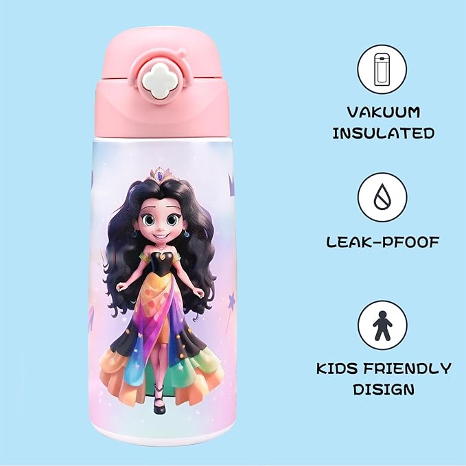 Kids Insulated Water Bottle with Covered Pop-Up Straw,16oz Kids Cups with Stainless Steel Leak Proof for School Boys Girls（5-Princess）