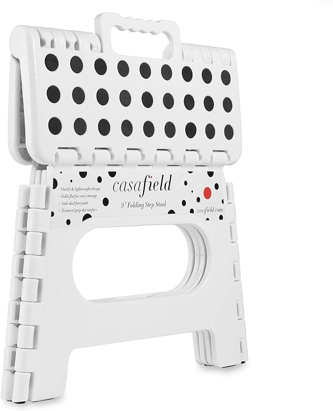 Casafield 9" Folding Step Stool with Handle, White - Portable Collapsible Small Plastic Foot Stool for Kids and Adults - Use in The Kitchen, Bathroom and Bedroom