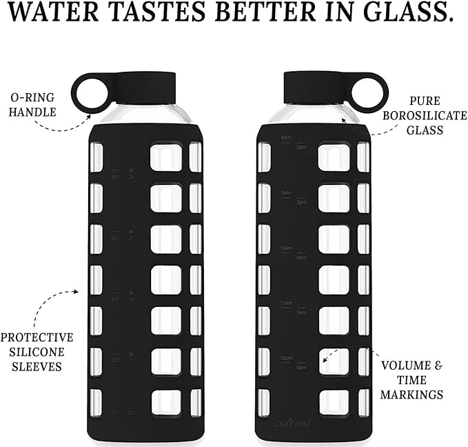 purifyou 40/32 / 22/12 oz Glass Water Bottles with Volume & Times to Drink, Extra Thick Silicone Sleeve, Reusable Bottle for Fridge Water, Milk, Juice (32oz Jet Black)