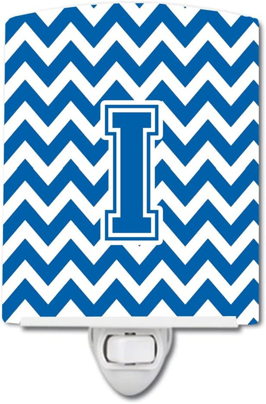 Caroline's Treasures CJ1056-ICNL Letter I Chevron Blue and White Ceramic Night Light Compact, UL-Certified, Ideal for Bedroom, Bathroom, Nursery, Hallway, Kitchen, 6x4x3, Multicolor