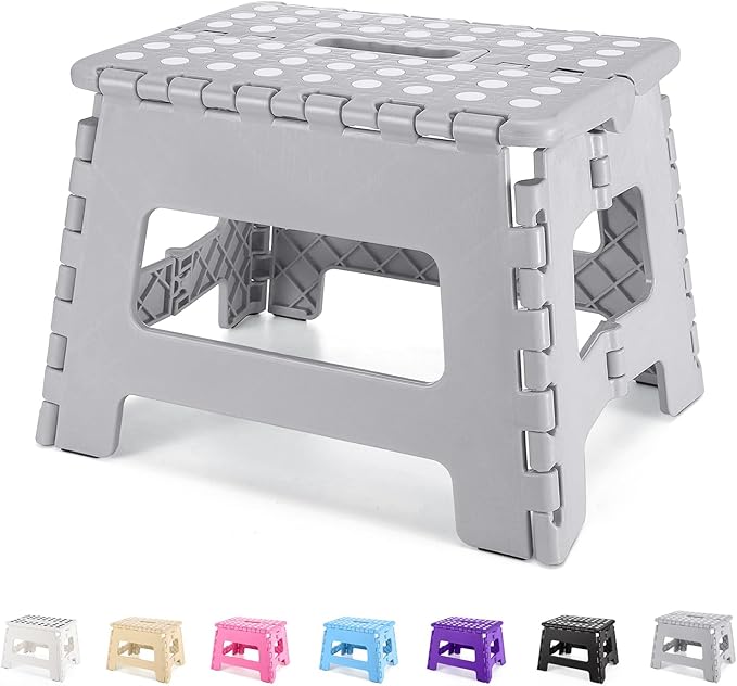 Folding Step Stool 9", Kids Step Stool, Heavy Duty Step Stools for Adults, Compact Foot Stools, Light-Weight Toddler Step Stool for Kitchen, Bathroom, Holds Up to 300 lbs (Grey)