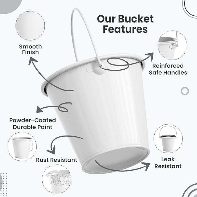 Small Metal Buckets with Handle 6 Pcs – Galvanized Bucket Leak Proof & Rust Resistant 48 fl oz Capacity - Best for Party Décor, Organizing & Decorating Classrooms (Large 6.3" Top, White)