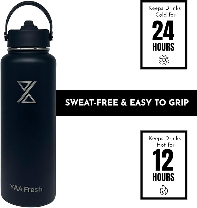 Yaa Fresh 40Oz BPA-Free 24 Hr Cold/12 Hr Hot Insulated Stainless Steel Sports Water Bottle with Straw and Lid, Food-grade Double Walled, Leakproof, Insulated Thermos, Wide Mouth for Men, Women & Kids