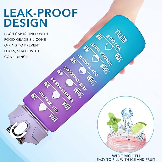 Generic Drinking Water Bottles Fitness Sports With Time Marker, 900 ml, Multiple Colors, Motivational Drinking Bottles (Purple+Blue), XH-2081