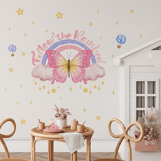 Gorgeous Pink Butterflies Wall Stickers, Art Butterfly Wall DecalsHot Air Balloon Stars Removable Vinyl Peel and Stick for Living Room Bedroom Children's Room Nursery Playroom Decorations